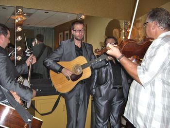 Calvin jammin' with Rhonda Vincent's band (The Rage) backstage at the Grand Ole Opry
