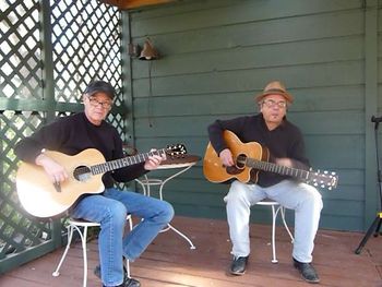 With guitarist and pal Bill Starrett on the porch at my Hill Country cabin.
