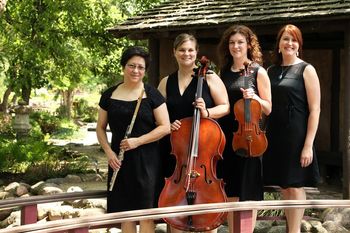 Arbor Ensemble at Janesville Rotary Gardens.  From left to right, Berlinda Lopez (flute), Rebecca Riley (cello), Marie Pauls (viola), Stacy Fehr Regehr (piano).  Photo courtesy of Marsha Mood Photography.

