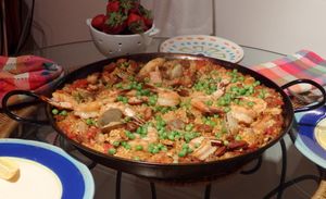 Paella with prawns, chicken chorizo & ham.