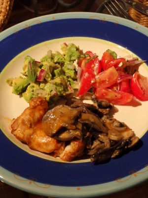 Paprika chicken with sauted mushroom and garlic, gacamole & tomato with red onion, basil and feta.