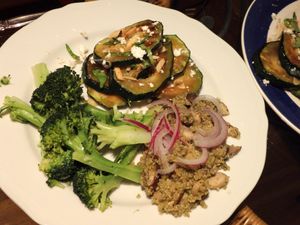 Quinoa with mushroom, garlic and red onion, zucchini with feta, slivered almonds and basil & broccoli.