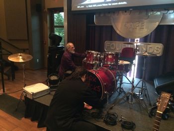 Dad and Tommy (Drum & Sound Tech) getting the kit ready
