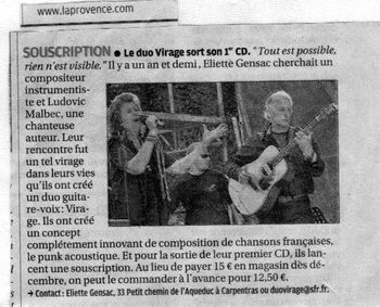 Le Duo VIRAGE sort son 1er CD... Journal La Provence, 15 mars 2012.
