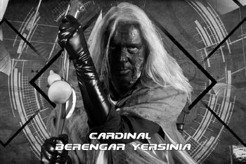 Cardinal Berengar Yersinia as seen in "Season 2"'s album artwork and videos. Yersinia is a sycophant, a frustrated bigoted bureaucrat and religious fanatic who climbed the ranks of the Catholic Church. After having taken the vows of the Three Ordeals, his body is ravaged by disease and radiation poisoning. He eventually takes over the Church and transforms it into a dark organization. At first an elusive figure shrouded in mystery and lurking in the shadows, he finally reveals himself to the world. He is known as the “King in Purple”, “His Dark Eminence” or the “Leper Pope”.
