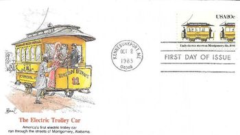 1983 FDC 150 years of streetcars Kennebunkport Me  electric trolley Montgomery Alabama
