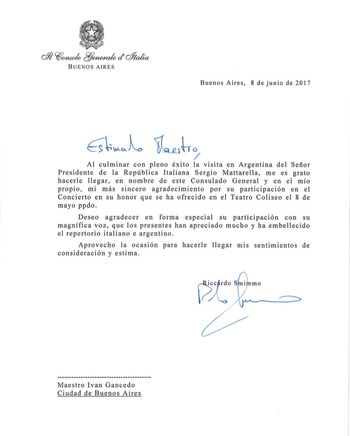 Carta del Cónsul General de Italia
