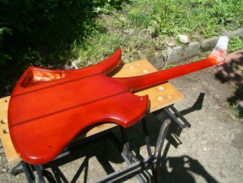 Rear view of new red finish, neck heel
