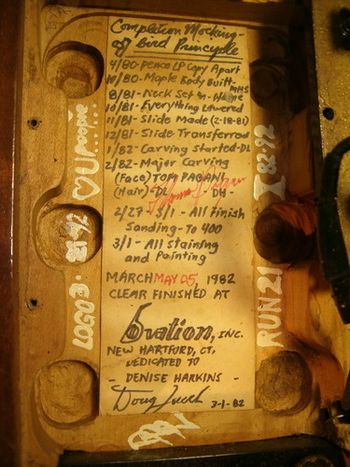Original notes written in pickup cavity with '80-'82 timeline
