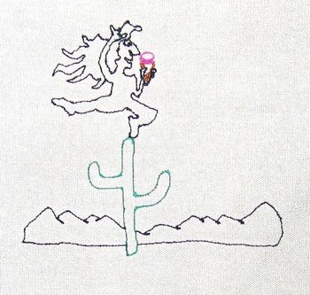 Ballerina with ice cream cone balancing on a saguaro in the desert
