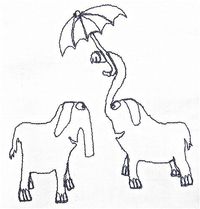 Two elephants, one with umbrella