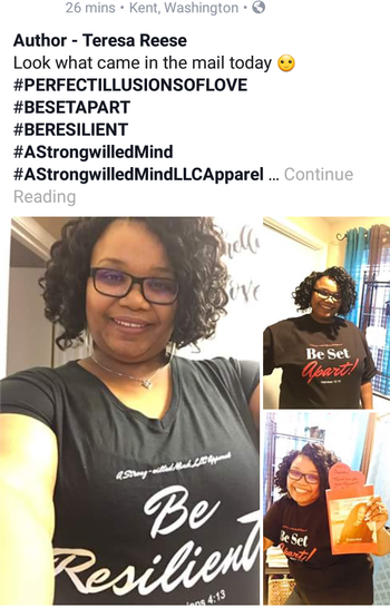 The Owner of A'NEW U bath and body care, ordered her "Be Resilient" tee, my novel, "Perfect Illusions of Love" and "Be Set Apart" t-shirt all at once❤ #PerfectIllusionsOfLove #ILoveMySupporters #AStrongwilledMind #AuthorTeresaReese #ThankYouShannonWatkins
