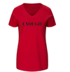  A Strong-willed Mind Apparel© Vintage "Enough" Red ladies v-neck t-shirt with Black print