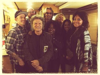 Jason, Clayton, Joe, Melanie, Windy Wagner, Julie and Melanie from the Joe Walsh band with Rick Springfield. Hanging on Rick’s bus before his show in Ohio

