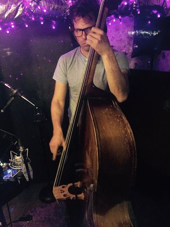 Jay Weaver laying down the groove on the upright bass through a Miktek microphone
