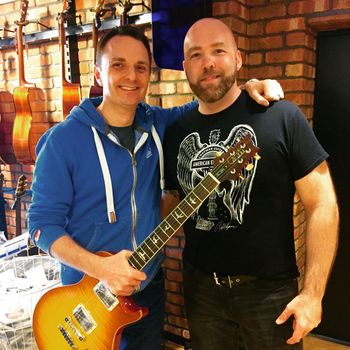 With the man himself, "The Captain" Lee Anderton at Anderton's Music in Guildford, UK. Lee was gracious enough to let me play his prized PRS 594SC gifted to him by Paul Reed Smith himself at NAMM. April 10, 2017. Photo courtesy of Ronnie Ventura.
