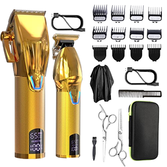 The Dumite Professional Haircutting Kit features a hair clipper with 8 metal guide combs for Smooth, Easy Haircuts, a detailed hair trimmer with sharpening T-Blade for Edging Beards, Mustache