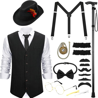 Gatsby Gangster Vest Shirt Fedora Hat Y-Back Suspenders Bow Tie Pocket Watch Glasses Armband Garters Tie Clips Fake Mustache Cane