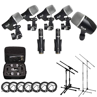 The CAD Stage7 is a seven-piece drum mic pack that includes one D10 cardioid dynamic mic, three D29 dynamic tom mics, one D19 dynamic snare drum mic, and 2 C9 instrument condensers for high h