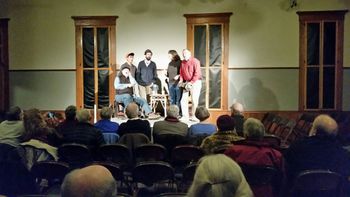 It's hard not to be flattered when some of your favorite singers, song sources and musical inspirations pull you on stage for a group number. Thanks to John Roberts and Debra Cowan for doing so to us AND another great singer Tim Radford during their concert at the Wood's Hole folk Music Society, Wood's Hole, MA. Feb 16, 2017. (Photo by Jan Elliot, I believe)
