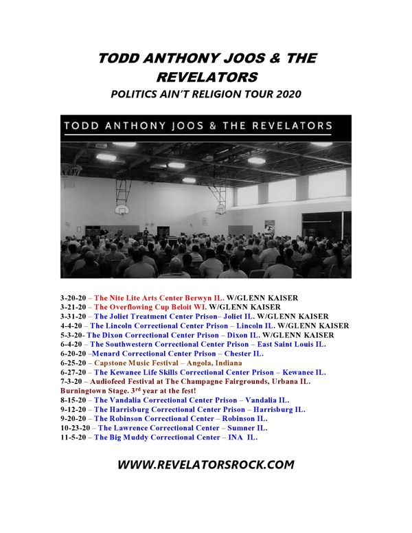Tour update! We will be back at The Audiofeed Festival again this Summer! CLICK the above tour flyer to visit the Audiofeed website! Make the trip. It's a great time. The fest is superb! It's our 3rd year back and the fest folks we see every year are really a part of our Revelator Family and they've welcomed us as Audiofeed Family too❤️. More on the details as we get closer to the festival dates. **We are also going to be at The Capstone Fest this year 0n 6/25/20 in Angola Indiana! We are excited to be at Capstone for the first time! Our REV Family continues to Grow...
**Dates are being added daily to the 2020 "POLITICS AIN'T RELIGION TOUR".