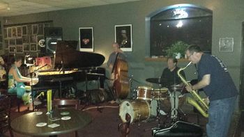 Lara Driscoll Trio at The Iron Post, Lara Driscoll (piano), Larry Gray (bass), Joel Spencer (drums), Chip McNeill (saxophone), Laurie Soloman (photo) 7/14/16
