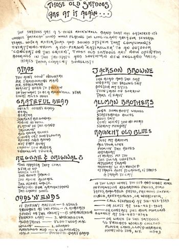 The Skydogs Songlist, about 1977. This was a "promotional" songlist made in an attempt to book gigs. Dig the Rick Griffin-inspired lettering. According to the contact info in the lower right corner, we were working with Rick Morgan at the time.
