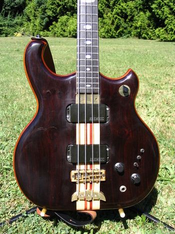 The mighty Alembic bass. With just a few simple switches, this thing dials in just about any tone a guitarist-subbing-as-bassist could need. Twangy Rick, Music man growl, smooth P-bass... it's all here.
