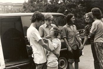 Four fifths of Wisdom (and friends), Summer 1970. Soon after the above photos were taken, Scott and I left Long Island for Boston, Massachusetts and a truly life-altering summer of all-original music and starvation with the band we called Wisdom. Left to right: Douglas Baldwin, Scott Kistenberger (background, scrutinizing an orange), I-think-her-name-was-Cindy (vogueing), Michael Barber anticipating the apocalyptic flood, wuzzername, Glenn Lyons. This series of photos was taken as we were about to leave Boston in mid-August, 1970. Perhaps Jeff Wheeler took these pix - he does not appear in any pictures I have.
