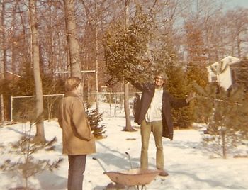Scot Kistenberger and Glenn Lyons, Winter of 1970. Glenn threatens a Christmas tree carcass, to Scott's amusement. Glenn and Jeff Wheeler were at Berklee College of Music at this time, while Scott and I were in tenth grade at Walt Whitman High School, playing with Larry Gallat in various lineups. Michael Barber was at college somewhere in Maine, if I recall correctly.
