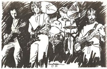 The Kim Strongin Band Unofficial Artistic Portrait. Drawn by yours truly, probably from a collage of photos. I don't think this ever got reproduced, but it's a nice bit of inking, innit?
