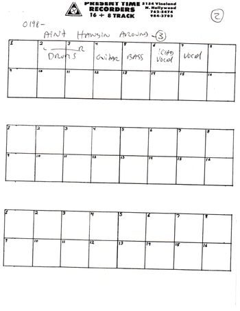 Smart Pills track sheet for the only studio recordings made.  Hollywood - June 1979

