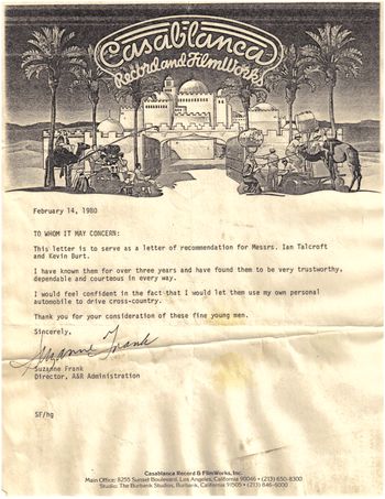 Casablanca Records letter of recommendation for Holiday Ian & Vince Conrad 1980

