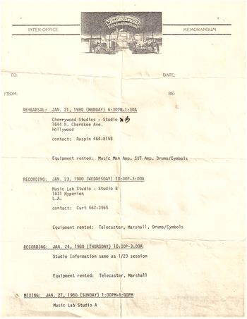 Casablanca Records studio schedule for ABT sessions Jan. 1980
