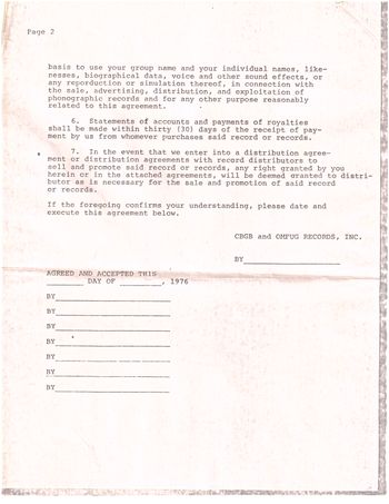 CBGB's/Atlantic Records contract for Aliens 1976

