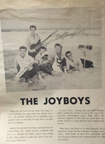 The Joy Boys opened for The Surfaris, Beach Boys, Roy Orbison on the Surfside '64 tour of Australia & New Zealand- The same black Jansen Jazzman guitar in this photo was later traded with Bob Berryhill for a '64 Fender Jaguar- See photos to the right
