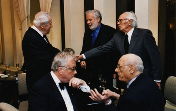 Standing: Arnold Weinstein, librettist; John Tillinger, theater director; Richard Widmark, actor; Seated: William Bolcom, composer; Arthur Miller, author and librettist

