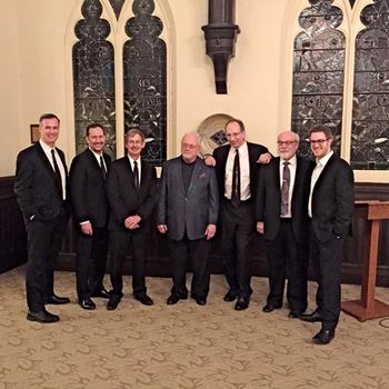 Members of American Brass Quintet and organist Douglas Reed [2nd from right] with William Bolcom on April 10, 2015, in Evansville, Ind. following the world premiere of Bolcom's Fantasia.
