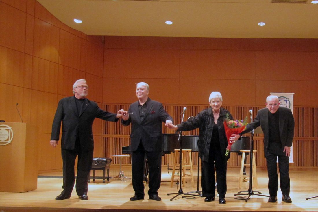 In performance at City University of New York, December 15, 2009. L to R: pianist William Bolcom, tenor Robert White, mezzo-soprano Joan Morris, and narrator Hazen Schmacher.

