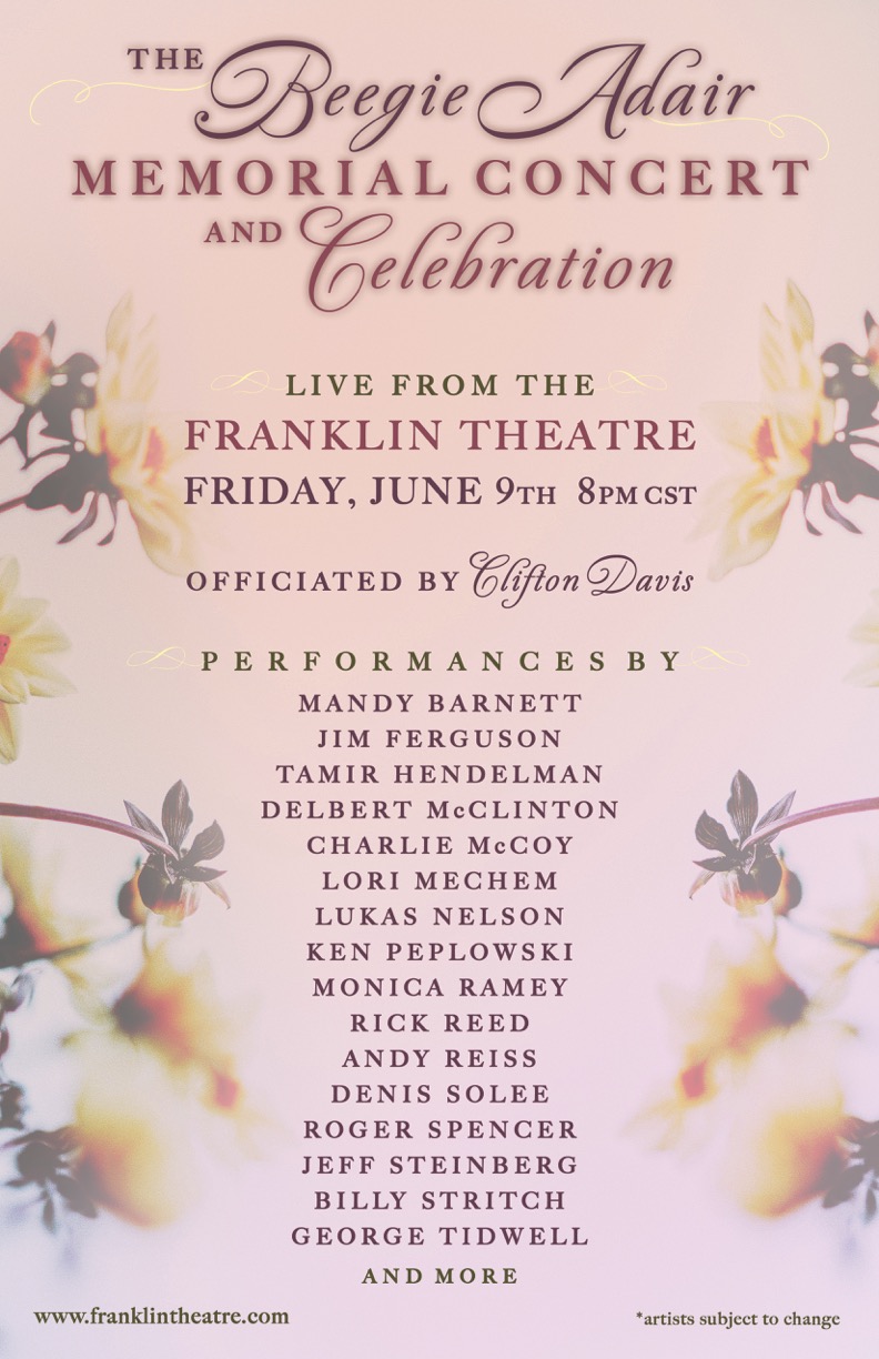 The Life of Legendary Jazz Pianist Beegie Adair to be Celebrated With Free Concert
The June 9th tribute will feature renowned artists from multiple musical genres.
As she did in life, internationally recognized jazz pianist Beegie Adair will bring musicians, fans, friends, and neighbors together once again as her remarkable life and achievements are celebrated in an all-star free concert on June 9, 2023, at 8:00 pm at The Franklin Theatre in the town she loved and called home.
Musicians and friends from almost every chapter of the legendary pianist’s career will celebrate the life and music of Beegie Adair in an evening of tribute. The event is free and open to the public through the generosity of The Franklin Theatre which is donating space and production. Reservations are required and the event will be streamed live for fans around the world to see and hear this magical evening.
The event includes performances by: Delbert McClinton; Monica Ramey; Charlie McCoy; Lukas Nelson; Mandy Barnett; Lori Mechem and Roger Spencer who, with the support of Beegie, founded the Nashville Jazz Workshop; jazz pianists Billy Stritch and Tamir Hendelman; New York-based clarinetist and tenor saxophonist Ken Peplowski; along with her dear friends and music-mates George Tidwell; Denis Solee; Andy Reiss; Rick Reed; Jim Ferguson; producer Jeff Steinberg; and others. The event will be officiated by friend, actor, and songwriter Clifton Davis, who recorded an album with the Beegie Adair Trio in 2020.
“We are overwhelmed by the amount of love and support Beegie’s dear friends and musical mates have shown us during the planning of this special event,” said her longtime friend, frequent collaborator, and manager, Monica Ramey.
“Beegie’s entire life was one lived in music, and she simply loved to play. She shared her talents with the world, and the world loved her right back. This night would have humbled her, and we know it will be a night Beegie would have loved.”
Beegie Adair moved to Nashville from her home in Cave City, KY in 1961, and began performing in Music City’s famous Printer’s Alley with jazz guitarist Hank Garland. Her talents were quickly discovered and she became an in-demand studio and side musician, playing with artists ranging from Johnny Cash, Dolly Parton and Chet Atkins to Lucille Ball, Carol Burnett and Henry Mancini. She toured the world with her trio, making periodic stops in New York at Birdland and Feinstein’s/54 Below with Monica Ramey. In 2016, The Beegie Adair Trio was invited to perform at Carnegie Hall, making them the first jazz trio from Nashville to ever headline the legendary venue. Their sold-out debut appearance became an annual affair until her passing.
In 1991, Beegie began releasing her own studio recordings, often collaborating with musician friends with whom she had performed through the years. Over the last four decades, her trio released over 37 albums that sold over three million copies.
“Without the generosity of the extraordinary performers, the management and staff of The Franklin Theatre and the Nashville Jazz Workshop, two nonprofit organizations dear to Beegie’s heart, this evening of extraordinary free music would not have been possible,” Ramey said.
“We hope that, in lieu of the price of a ticket, audience members will make generous contributions in Beegie’s honor to these remarkable organizations,” she concluded.
Reservations are required. Event, seating and live streaming information can be found at www.franklintheatre.com/adair-memorial beginning April 28th at 11am.
👑🐝❤️