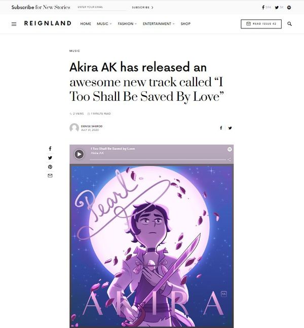 Queer pop singer songwriter Akira AK featured on Reignland Magazine Blog about song "I Too Shall Be Saved By Love" from "Pearl" EP