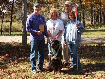 River shown at the Medallion Rottweiler Club TD/TDX test after earning his Tracking Dog Title. River was trained and handled by owner Brad Pinter.
