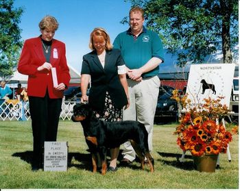 Phantom Wood Holly TDX HSAs RE. Holly has 1 leg toward her CD (score 195 1/2) with a 2nd place from the Northstar Rottweiler Specialty (Aug. 06) in MN. Holly was trained and handled to her Herding Started title by Amanda Nickle of PA, who owns Holly's littermate Stetson. Holly has taken time out for motherhood, and is the dam of my L and M litters. Holly is OFA Excellent with OFA elbows and is owned and loved by me! For more info and pics of Holly, please click on her name Holly.
