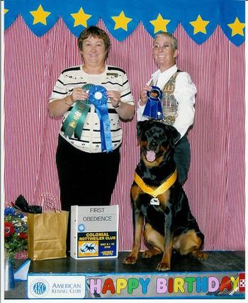 Halle and Francie taking 1st place in Open at the American Rottweiler Club National Specialty in PA.
