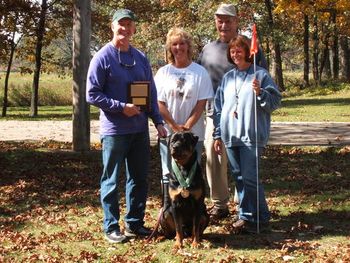 Back to work - River earning his Tracking Dog Title at the Medallion Rottweiler Club Specialty TD/TDX test. River was trained and handled by his owner, Brad Pinter.
