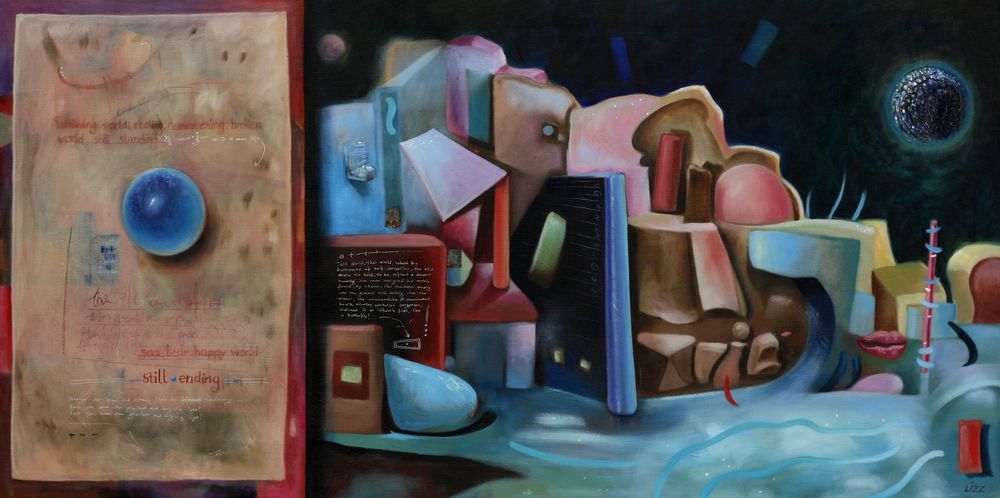 Elisabeth Geel - "Sad Little Happy World" - oil on canvas -24 x 48 in