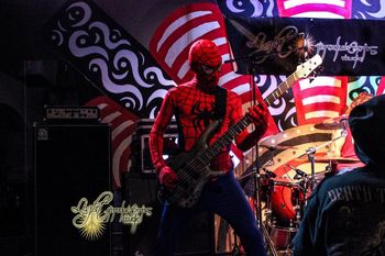 Dressed as your friendly neighbourhood web-slinger with Arrival of Autumn at the International Beer Haus & Stage in Red Deer, AB. Cred: Light Productions.
