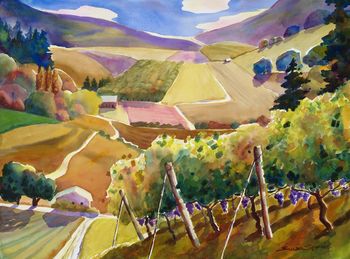 "Panorama from Penner Ash Winery" was painted on a day when the yellow jackets were drunk on grapes that had dropped to the ground and had fermented. The painting was painted with paint flying through the air as yellow jackets were being swatted! 30"x22". Sold. No prints.
