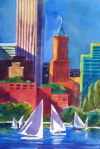 "Portland, Oregon from Oaks Park Amusement Center" is a view across the Willamette River and into the city. Koin Tower and the Standard Insurance buildings dominate the skyline. Laser sailboats ply the Willamette River. This painting was selected for the Watercolor Society of Oregon's Fall Show 2007 in Prineville, Oregon. 15"x22" Original available and prints.
