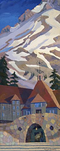 This painting of Timberline Lodge at Mt. Hood, Oregon was done as a commission for The Portland City Grill in down town Portland, Oregon. The restaurant has a total of 7 of my original palette knife acrylic paintings done on canvas that is 3" thick, 5' high x 2' wide. The paintings hang unframed as requested by the designer. Prints are available of this painting. The print can be augmented to look like an original with a heavy gel gloss medium. Very handsome.
